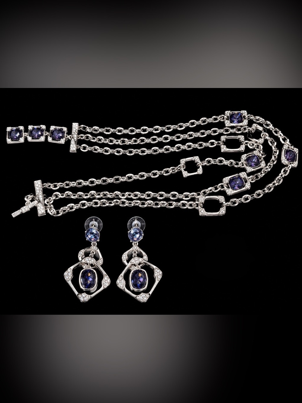 Vintage Anne Klein 3 Piece Set Purple Crystal Necklace, Earring, Ring Set, NWOT